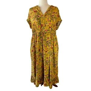 Yellow Floral Print Maxi Dress‎ with Elastic Waist Ruffle Hem Size 18